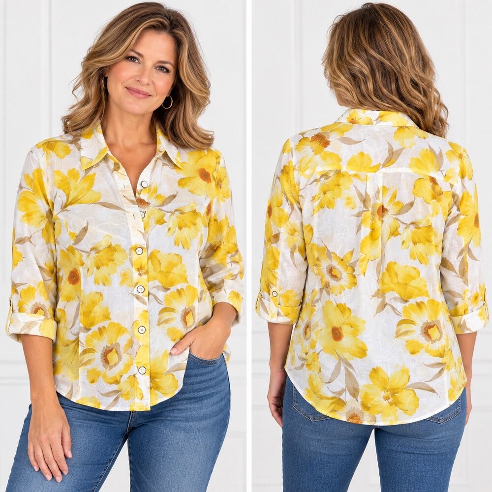 Drapers & Damons Womens Floral Button Down Jacket Yellow White Lightweight Large
